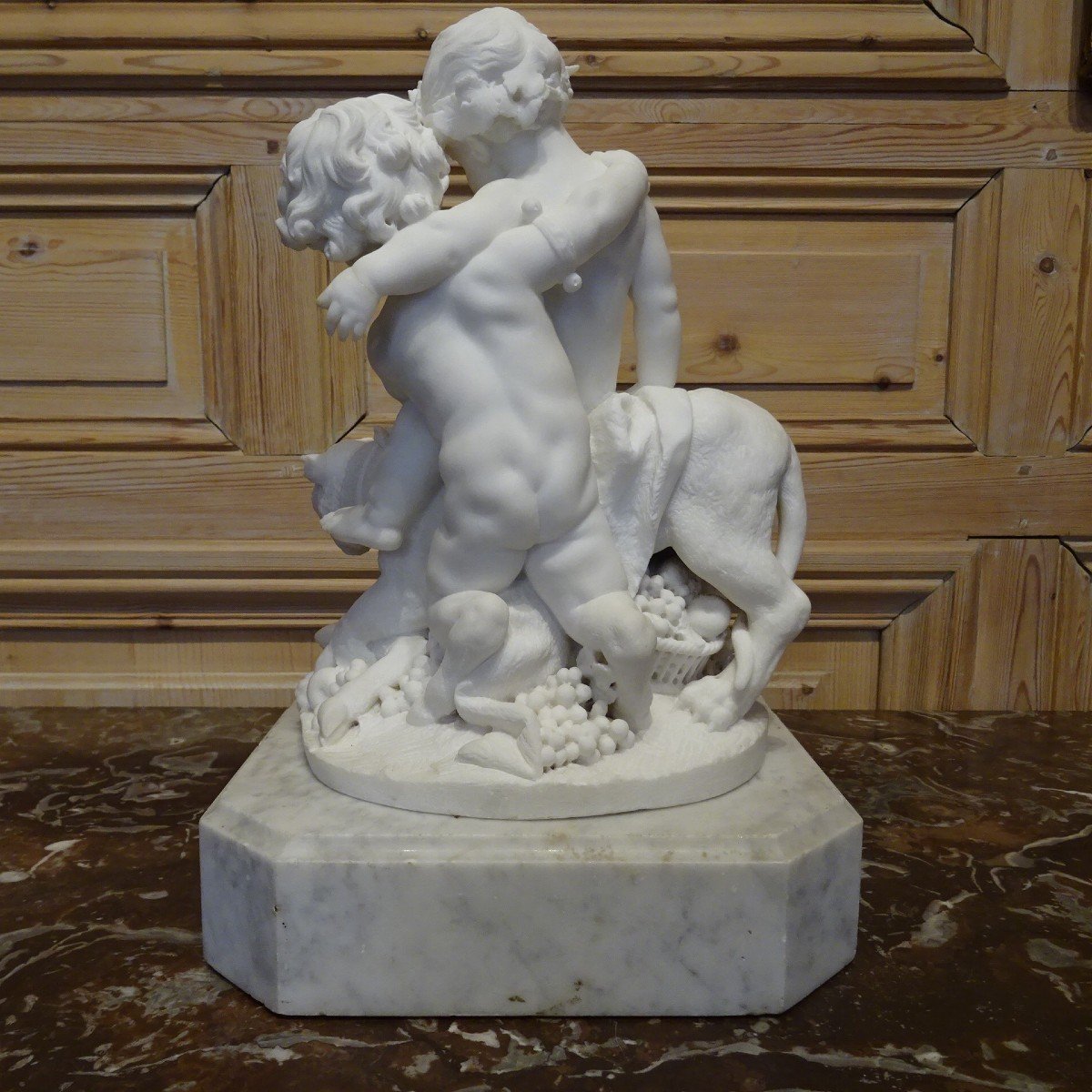 Bacchus And Two Fauns In 19th Century White Marble-photo-1