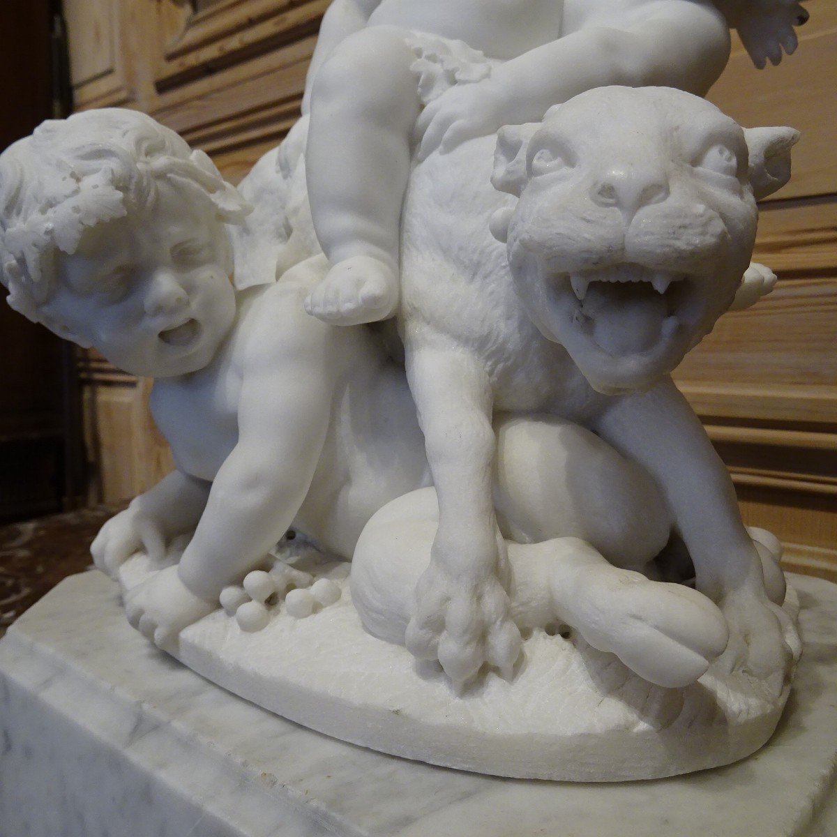 Bacchus et deux faunes en marbre blanc XIX ème-photo-5