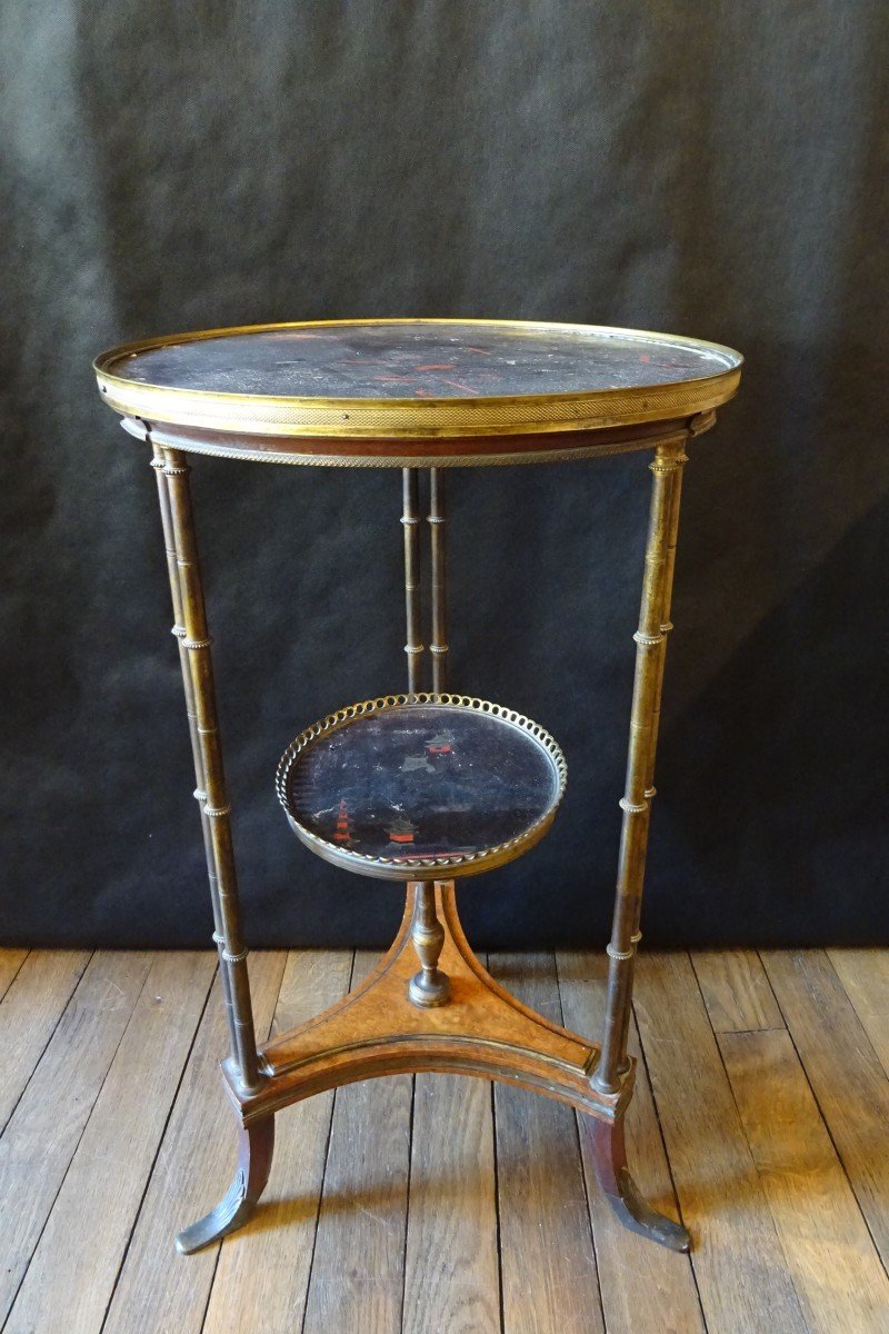 Pedestal Table In Mahogany, Gilded Bronze, Lacquer In The Style Of China And Cedar Burl XIX Th-photo-2