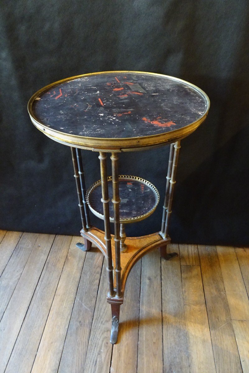 Pedestal Table In Mahogany, Gilded Bronze, Lacquer In The Style Of China And Cedar Burl XIX Th-photo-4