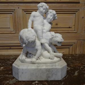 Bacchus et deux faunes en marbre blanc XIX ème