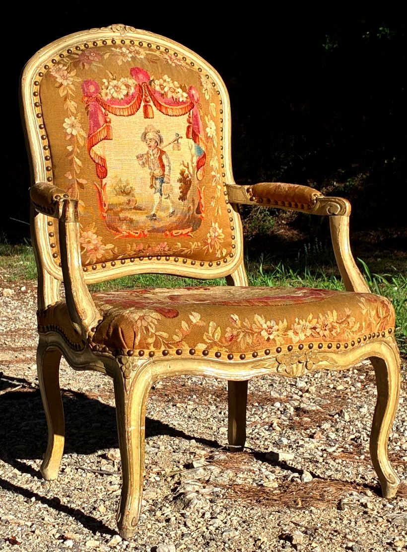 Beau fauteuil à dossier plat « à la reine » d’époque Louis XV , tapisserie XIXe-photo-2