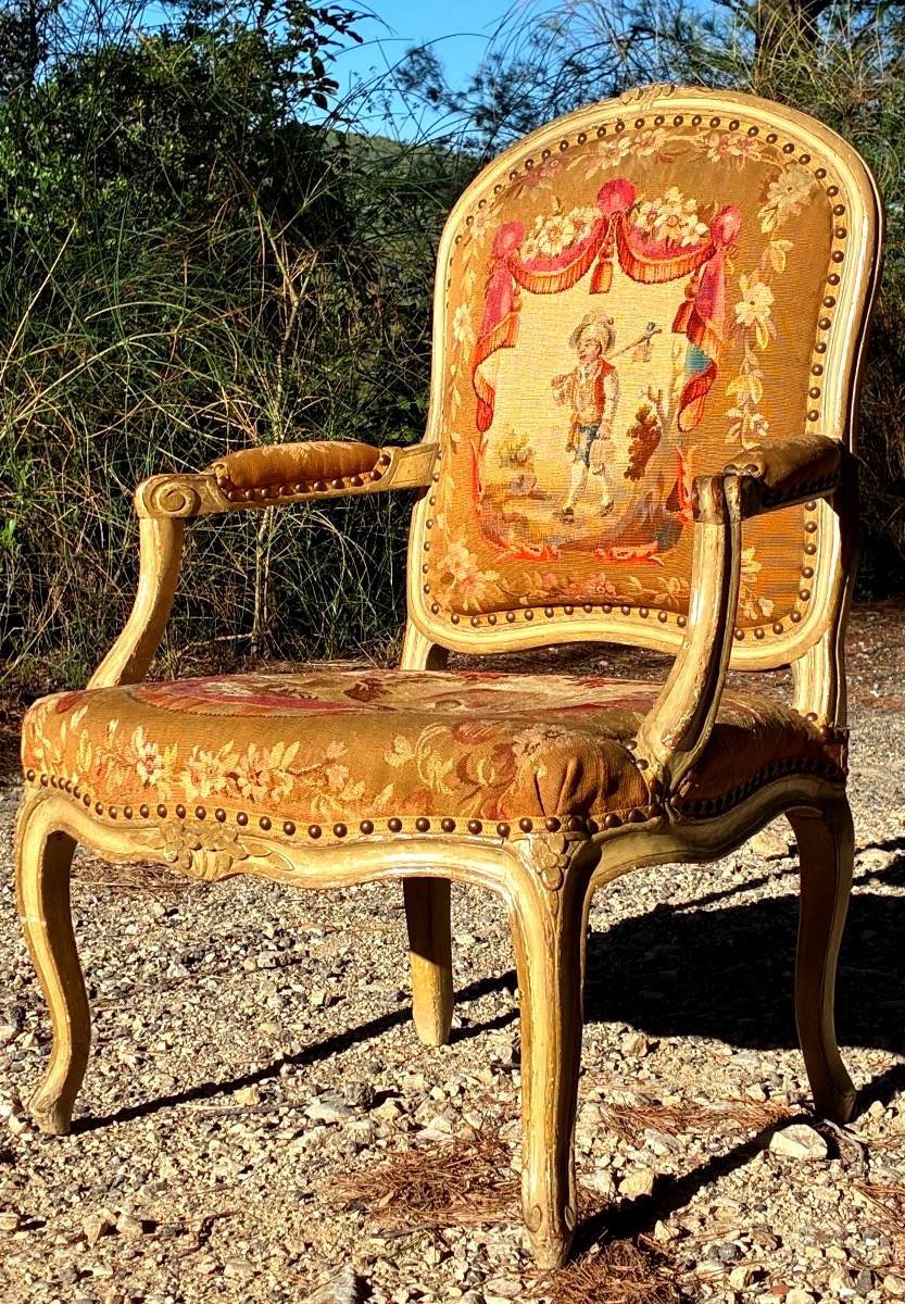 Beau fauteuil à dossier plat « à la reine » d’époque Louis XV , tapisserie XIXe-photo-3