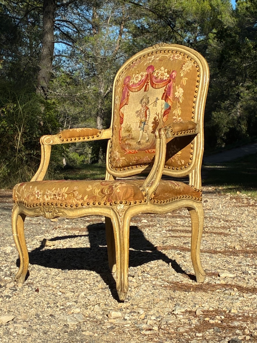 Beau fauteuil à dossier plat « à la reine » d’époque Louis XV , tapisserie XIXe-photo-5
