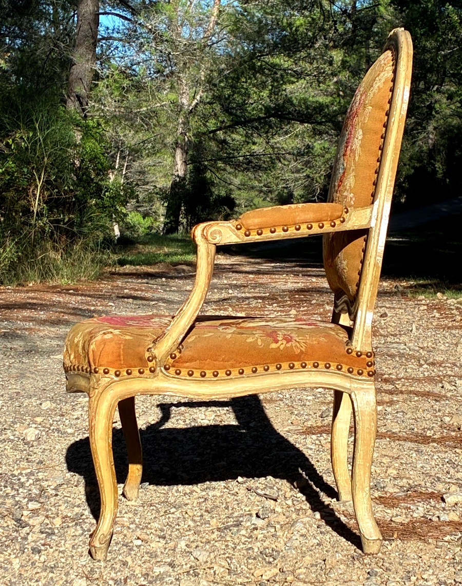Beau fauteuil à dossier plat « à la reine » d’époque Louis XV , tapisserie XIXe-photo-3