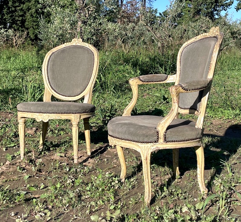 Fauteuil et chaise d’époque Louis XV / Louis XVI . Travail Lyonnais-photo-2