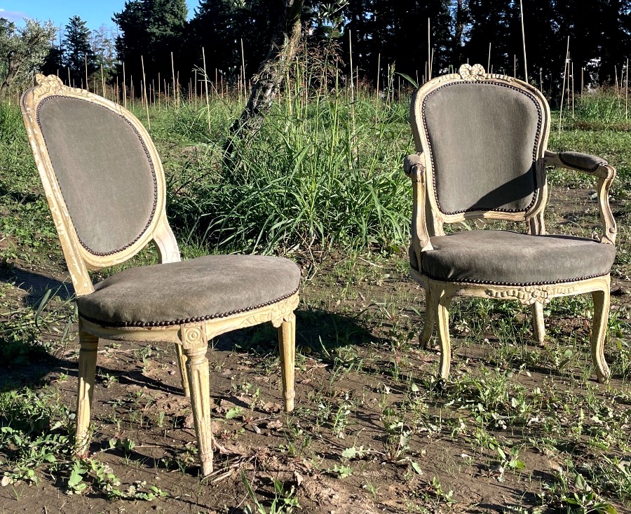 Fauteuil et chaise d’époque Louis XV / Louis XVI . Travail Lyonnais-photo-3
