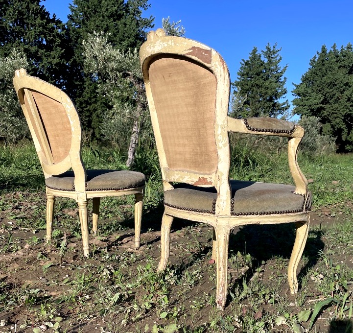 Fauteuil et chaise d’époque Louis XV / Louis XVI . Travail Lyonnais-photo-2