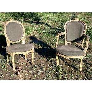 Fauteuil et chaise d’époque Louis XV / Louis XVI . Travail Lyonnais