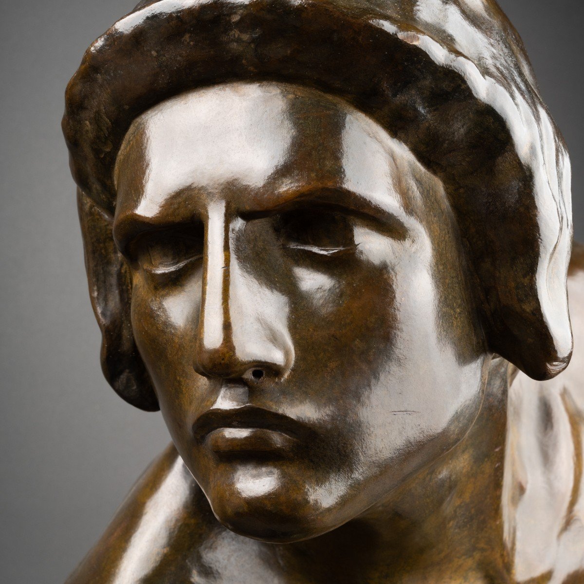 Constant Roux (1865-1942) Buste De Gladiateur, Bronze Patiné, Période Art Déco.-photo-2