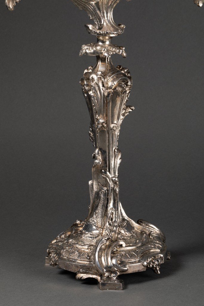 Paire De Chandeliers En Bronze Argentés - Estampillés 'anvers' - Fin Du XIXème.-photo-1