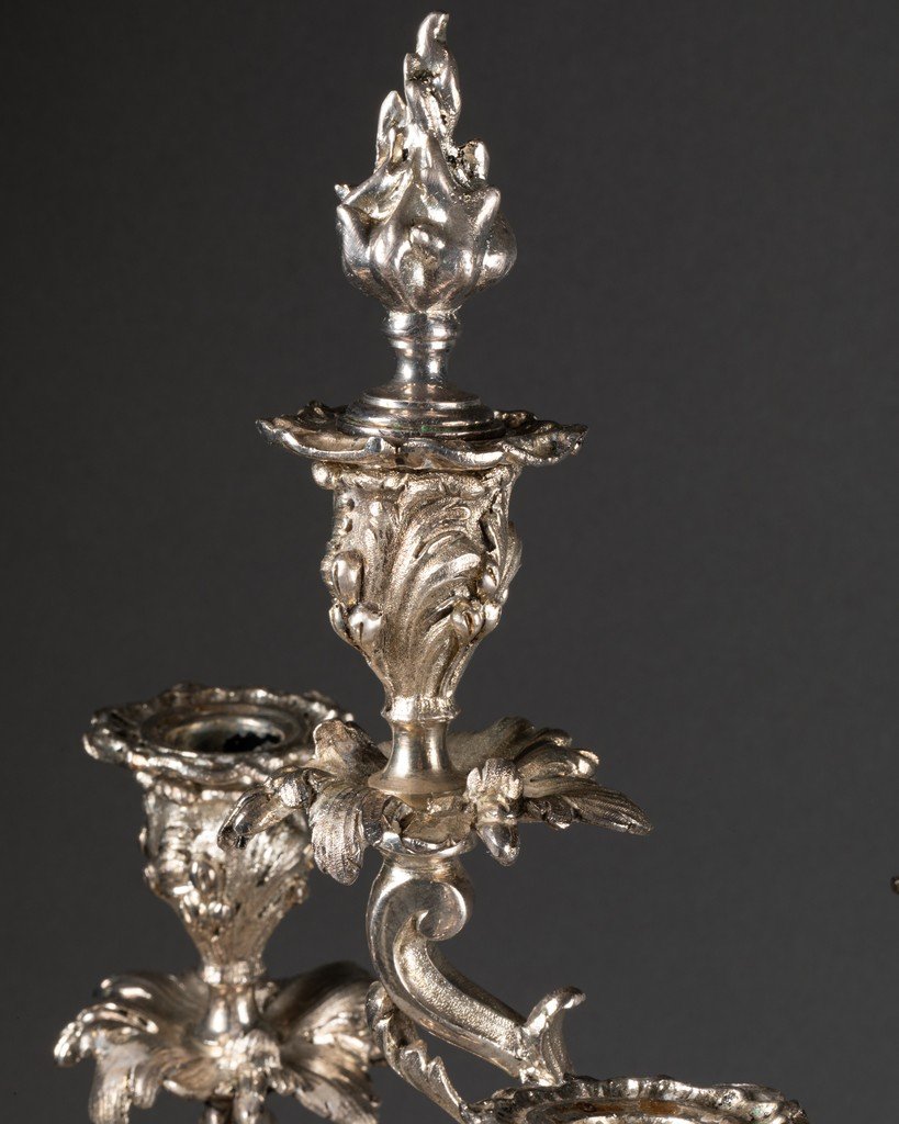 Paire De Chandeliers En Bronze Argentés - Estampillés 'anvers' - Fin Du XIXème.-photo-6