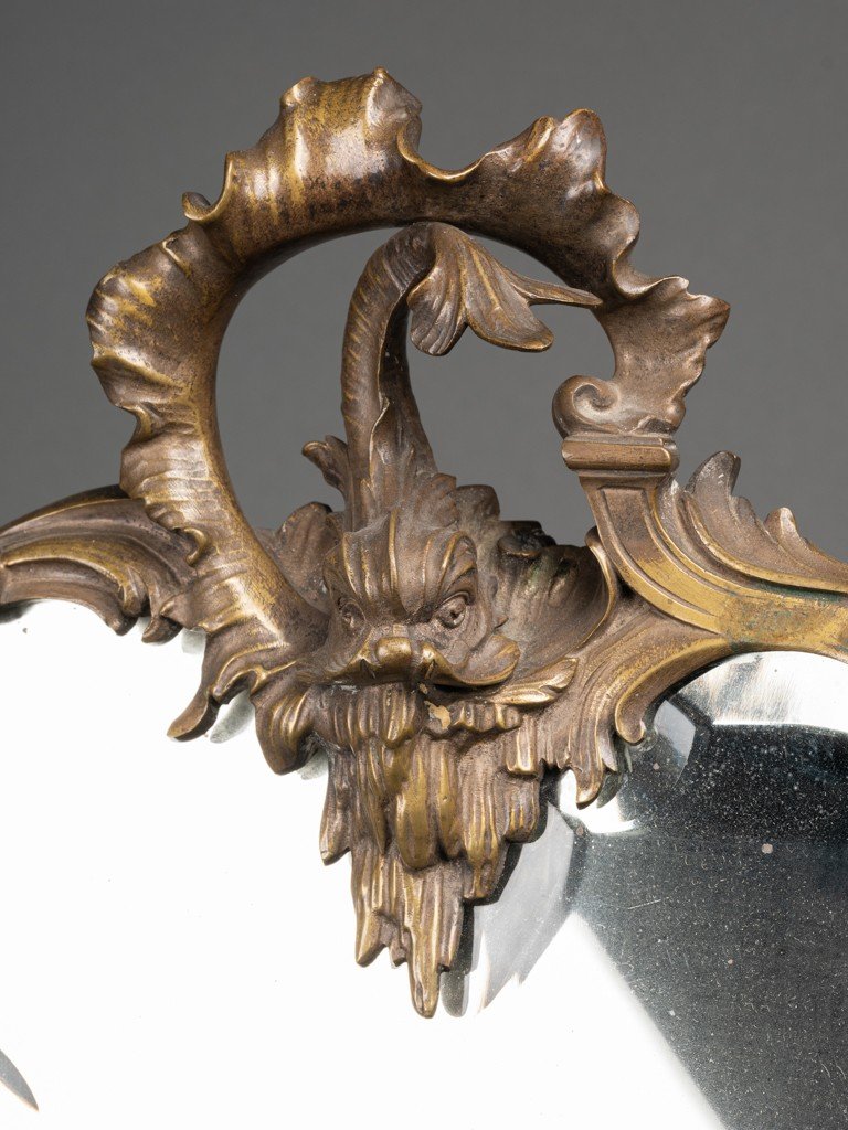 Beveled Bronze  Mirror, Dolphin Decor, Scrolls And Plants Motifs - End Of  XIX Th Century-photo-3