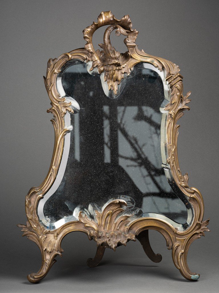 Beveled Bronze  Mirror, Dolphin Decor, Scrolls And Plants Motifs - End Of  XIX Th Century
