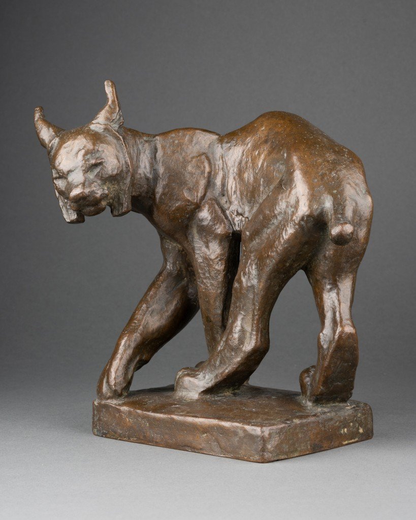 Jussi Mantynen (1886-1978, Finlande) 'ion Vädrar Fara' Lynx Aux Aguets, Rare Bronze Art Déco-photo-2