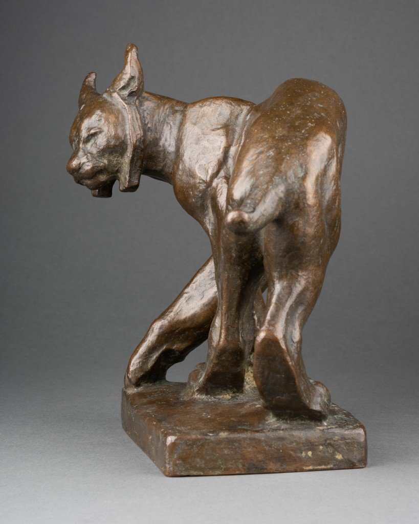 Jussi Mantynen (1886-1978, Finlande) 'ion Vädrar Fara' Lynx Aux Aguets, Rare Bronze Art Déco-photo-4