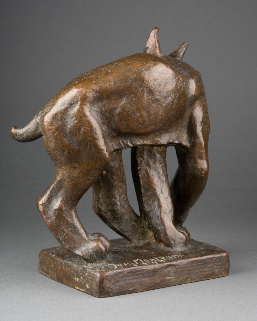 Jussi Mantynen (1886-1978, Finlande) 'ion Vädrar Fara' Lynx Aux Aguets, Rare Bronze Art Déco-photo-1