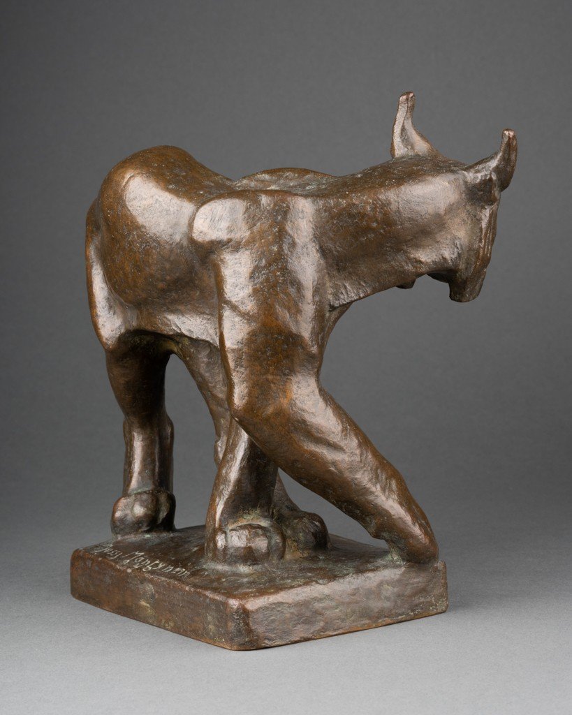 Jussi Mantynen (1886-1978, Finlande) 'ion Vädrar Fara' Lynx Aux Aguets, Rare Bronze Art Déco-photo-3