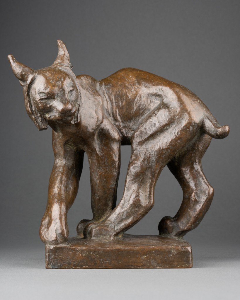 Jussi Mantynen (1886-1978, Finlande) 'ion Vädrar Fara' Lynx Aux Aguets, Rare Bronze Art Déco-photo-6