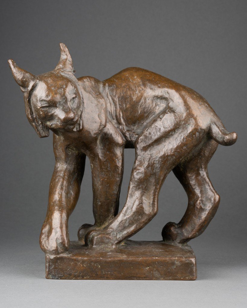 Jussi Mantynen (1886-1978, Finlande) 'ion Vädrar Fara' Lynx Aux Aguets, Rare Bronze Art Déco