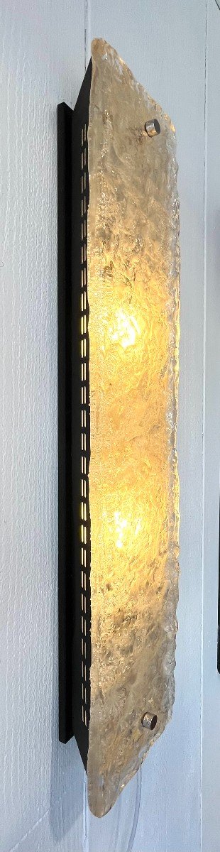 Large Glass And Black Lacquered Metal Wall Lamp, Circa 1970
