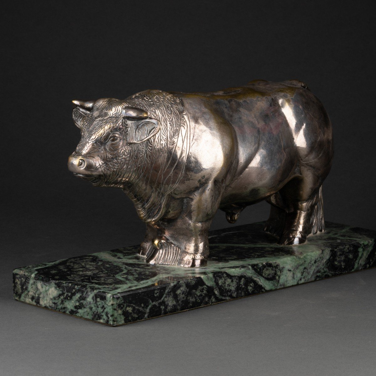 Laugarette: Silver-plated Bronze Bull Circa 1950-photo-3