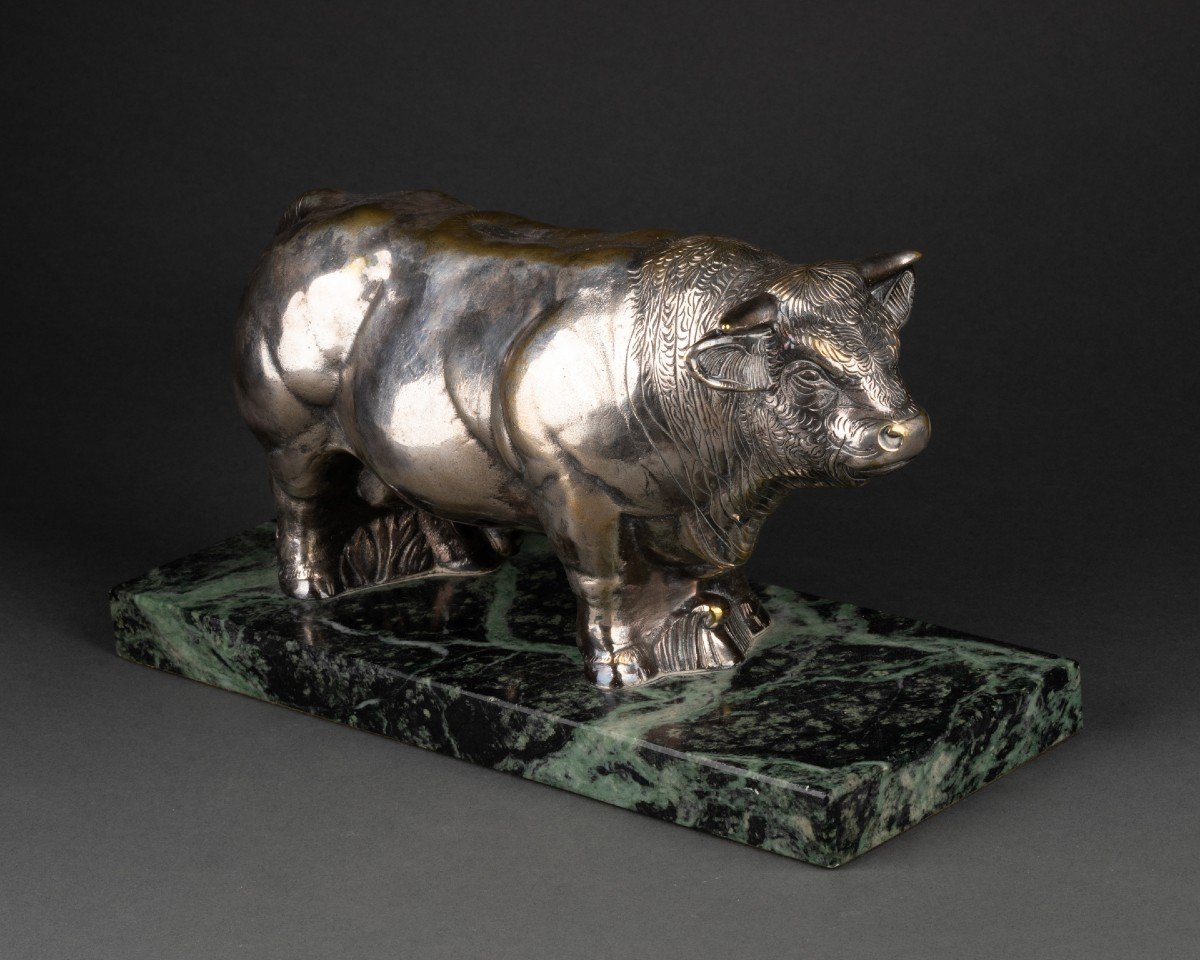 Laugarette: Silver-plated Bronze Bull Circa 1950-photo-1