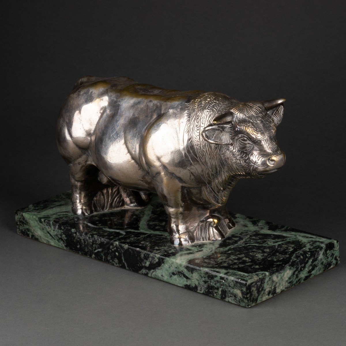 Laugarette: Silver-plated Bronze Bull Circa 1950-photo-2