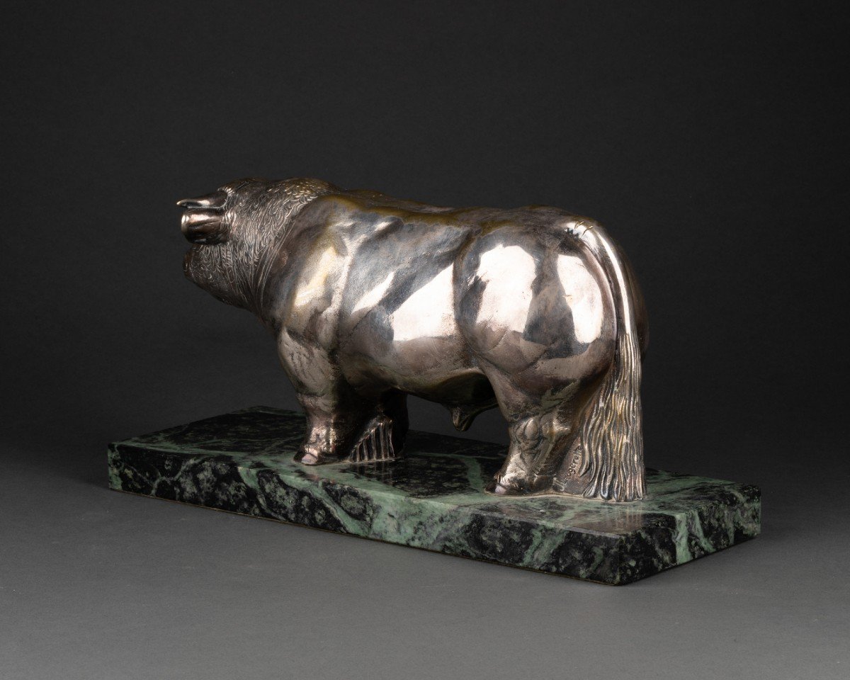 Laugarette: Silver-plated Bronze Bull Circa 1950-photo-4