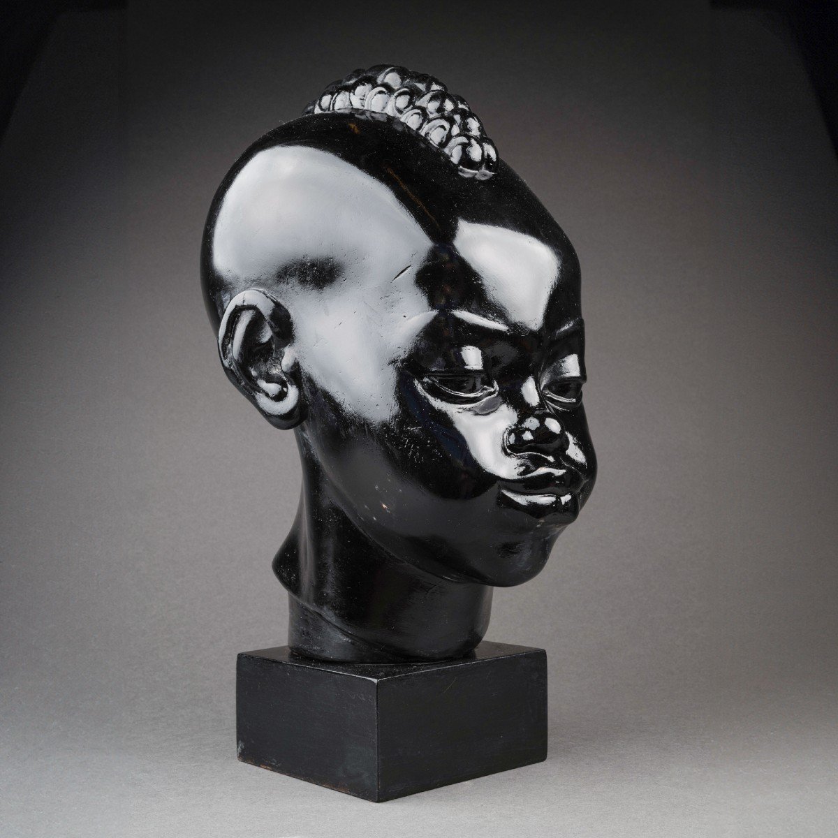 Ricardo Scarpa (1905-1999) Head Of A Young African, Patinated Plaster With Black Varnish, Art Deco Period.-photo-5