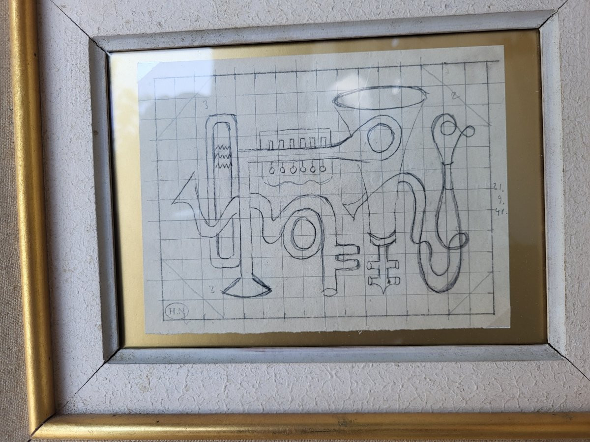 Henrik Neugeboren, dit Henri NOUVEAU (1901-1959) Dessin fusain sur papier composition cubiste-photo-2
