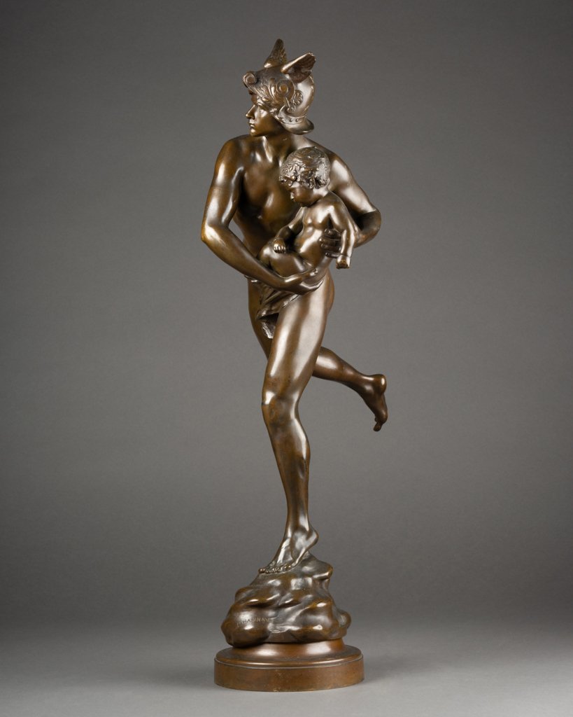 Emmanuel Hannaux : "Mercure et Cupidon", sculpture en bronze patiné C.1880-photo-1