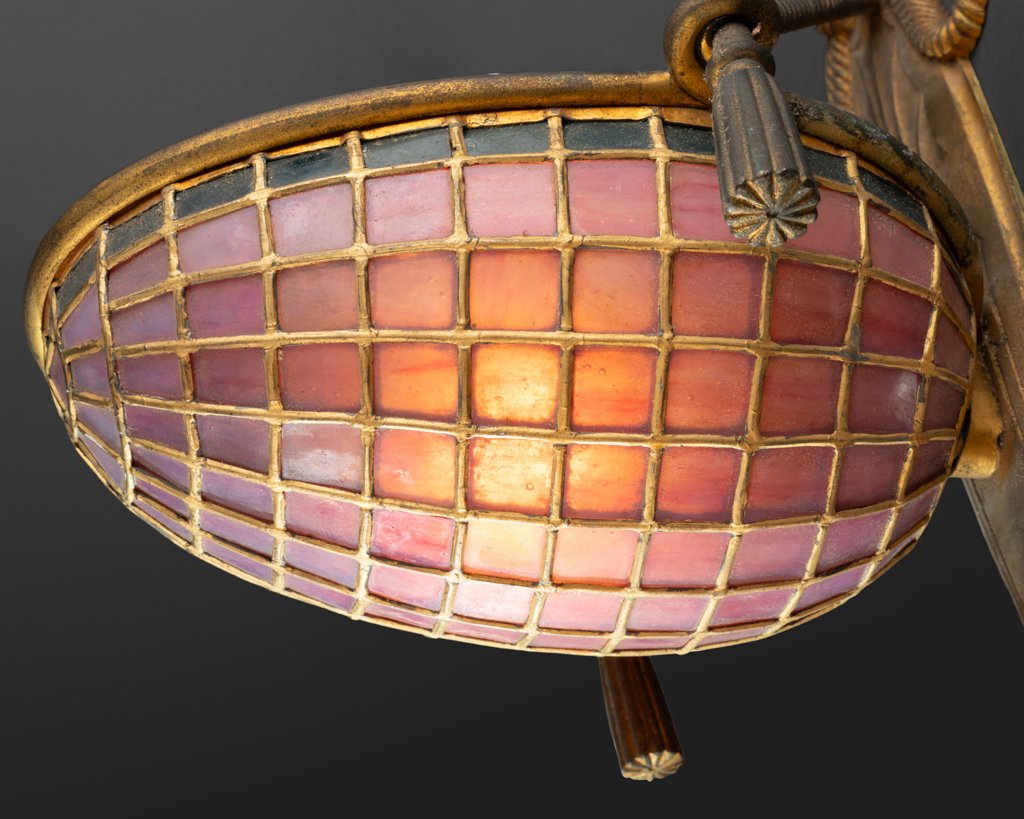 Paire de lampes murales de bar en bronze et verre coloré Période Art Nouveau-photo-4