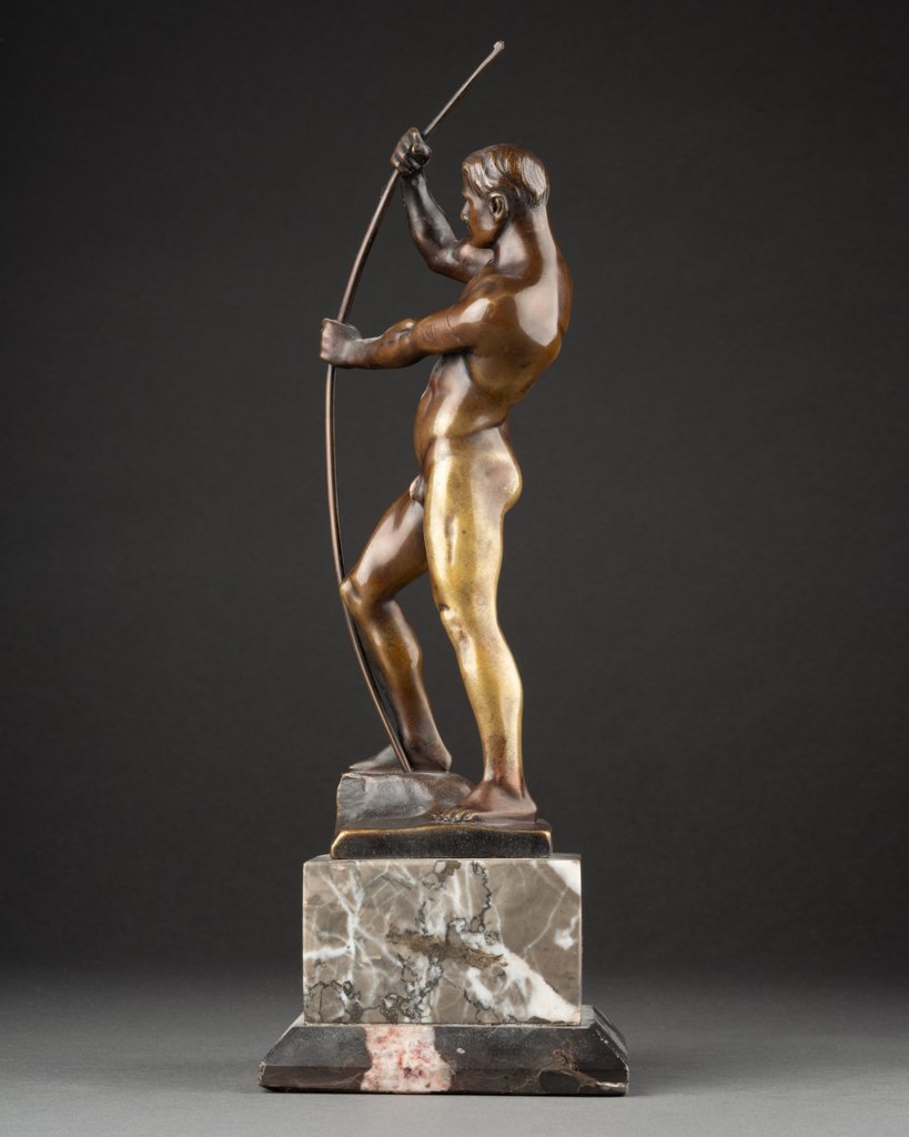 Otto H. Riese: Nude Athlete Drawing His Bow - Patinated Bronze Sculpture, Circa 1930-photo-2