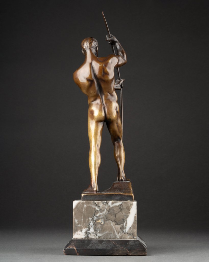 Otto H. Riese: Nude Athlete Drawing His Bow - Patinated Bronze Sculpture, Circa 1930-photo-3
