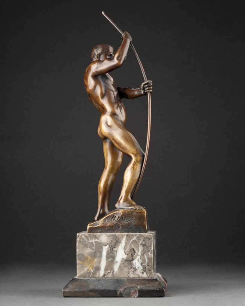Otto H. Riese: Nude Athlete Drawing His Bow - Patinated Bronze Sculpture, Circa 1930-photo-4