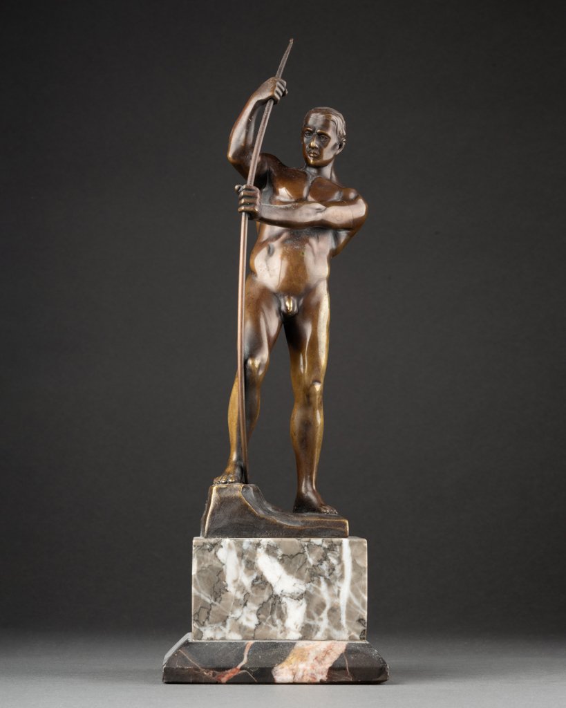 Otto H. Riese: Nude Athlete Drawing His Bow - Patinated Bronze Sculpture, Circa 1930-photo-2