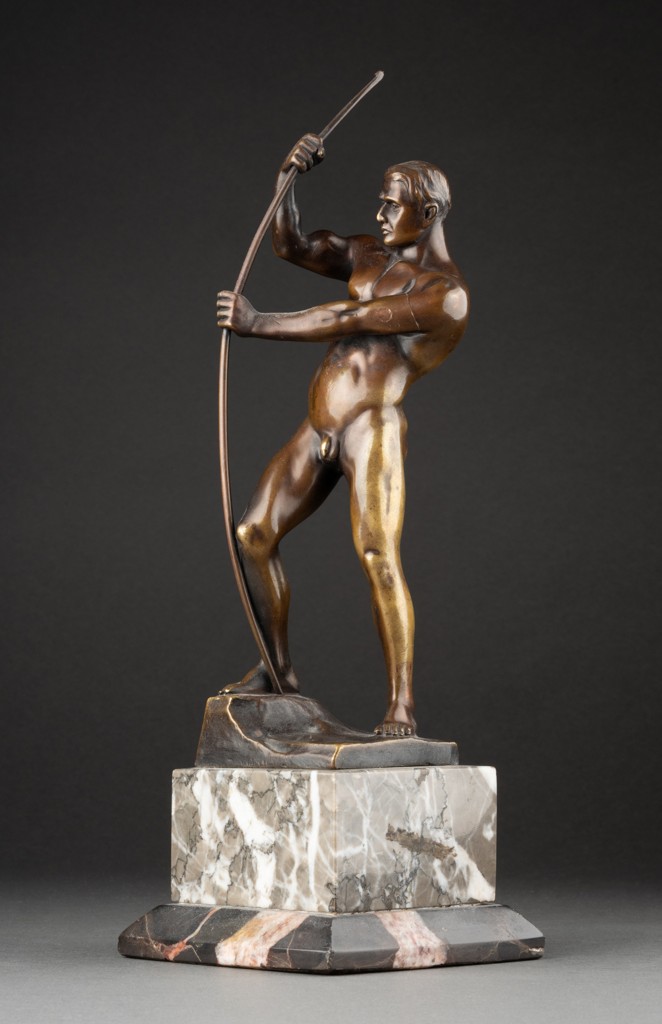 Otto H. Riese: Nude Athlete Drawing His Bow - Patinated Bronze Sculpture, Circa 1930