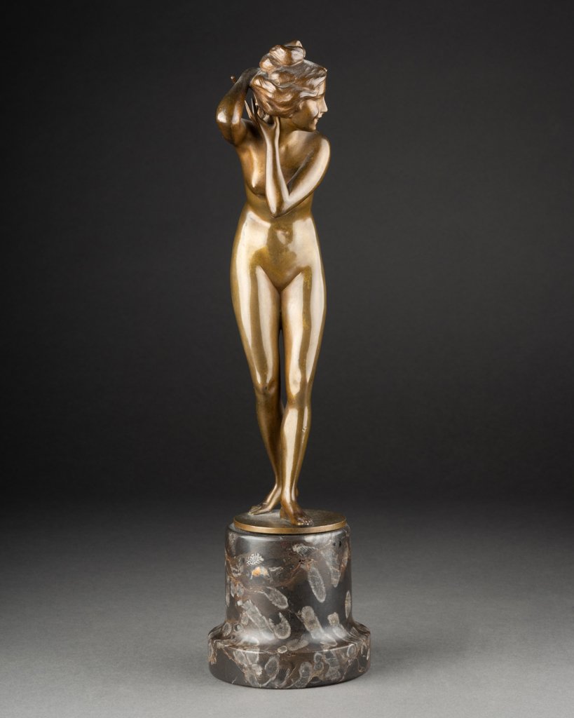 Prof Otto POERTZEL (1865-1922) : "Nu féminin au chat" Bronze à patine mordoré vers 1920/30-photo-3