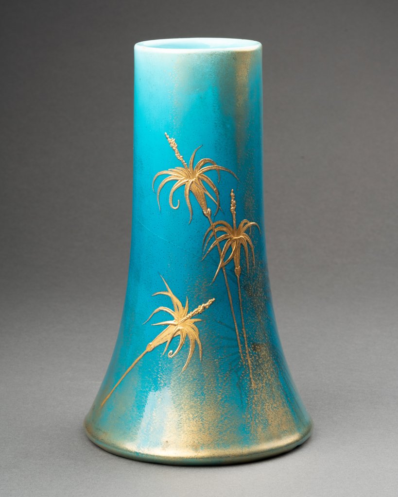 Clément Massier And L. Levy - Beautiful Set Of 3 Glazed Ceramic Vases On A Blue Background-photo-2