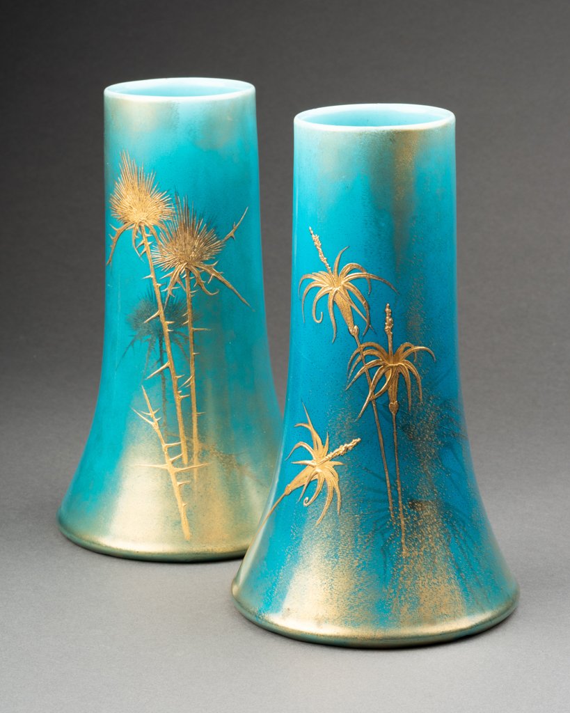 Clément Massier And L. Levy - Beautiful Set Of 3 Glazed Ceramic Vases On A Blue Background-photo-3