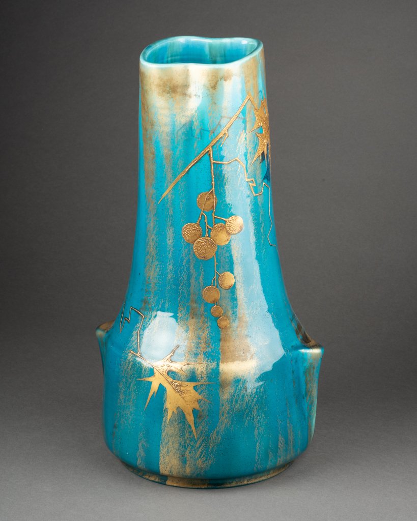 Clément Massier And L. Levy - Beautiful Set Of 3 Glazed Ceramic Vases On A Blue Background-photo-4