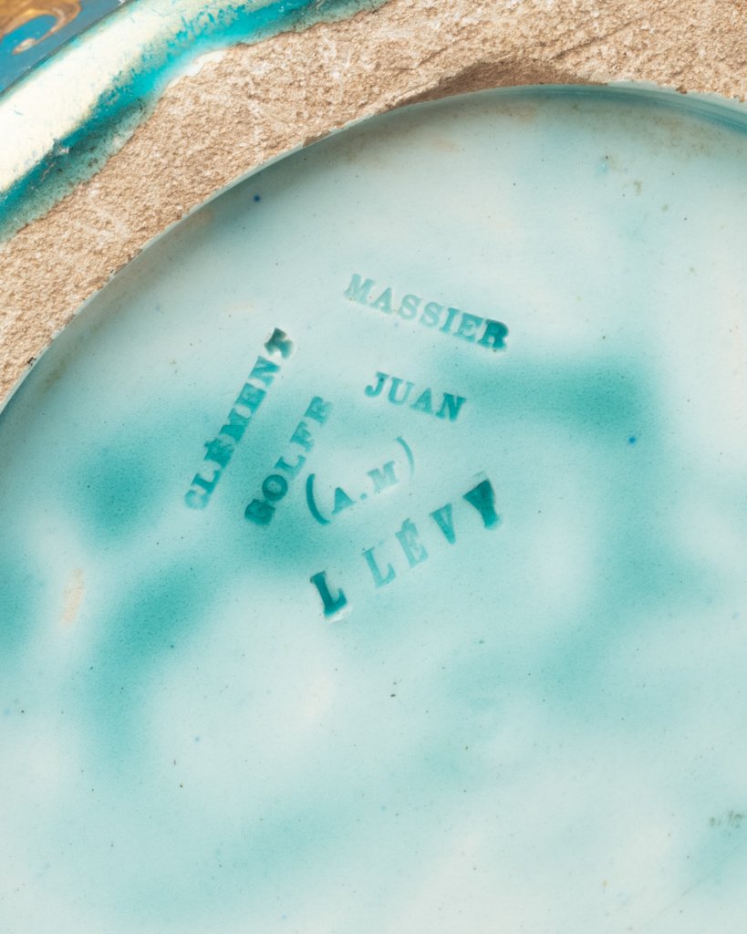 Clément Massier And L. Levy - Beautiful Set Of 3 Glazed Ceramic Vases On A Blue Background-photo-2