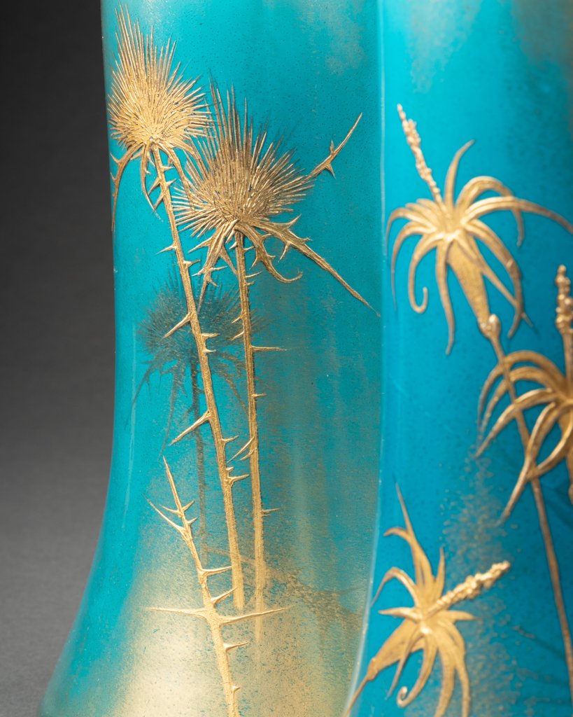 Clément Massier And L. Levy - Beautiful Set Of 3 Glazed Ceramic Vases On A Blue Background-photo-3