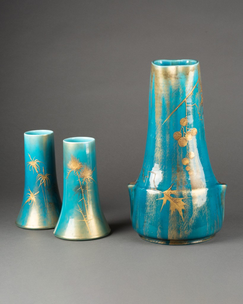 Clément Massier And L. Levy - Beautiful Set Of 3 Glazed Ceramic Vases On A Blue Background