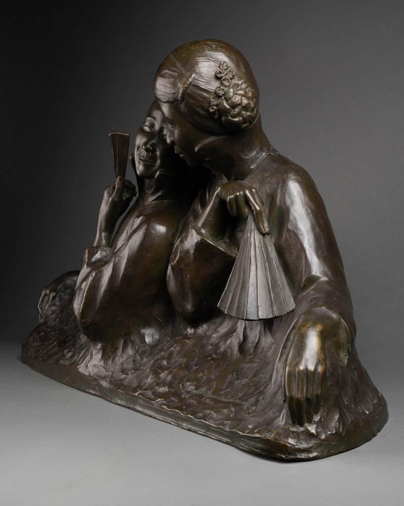 Gaston HAUCHECORNE - Deux femmes asiatiques à l'éventail - Rare bronze Art Déco-photo-3