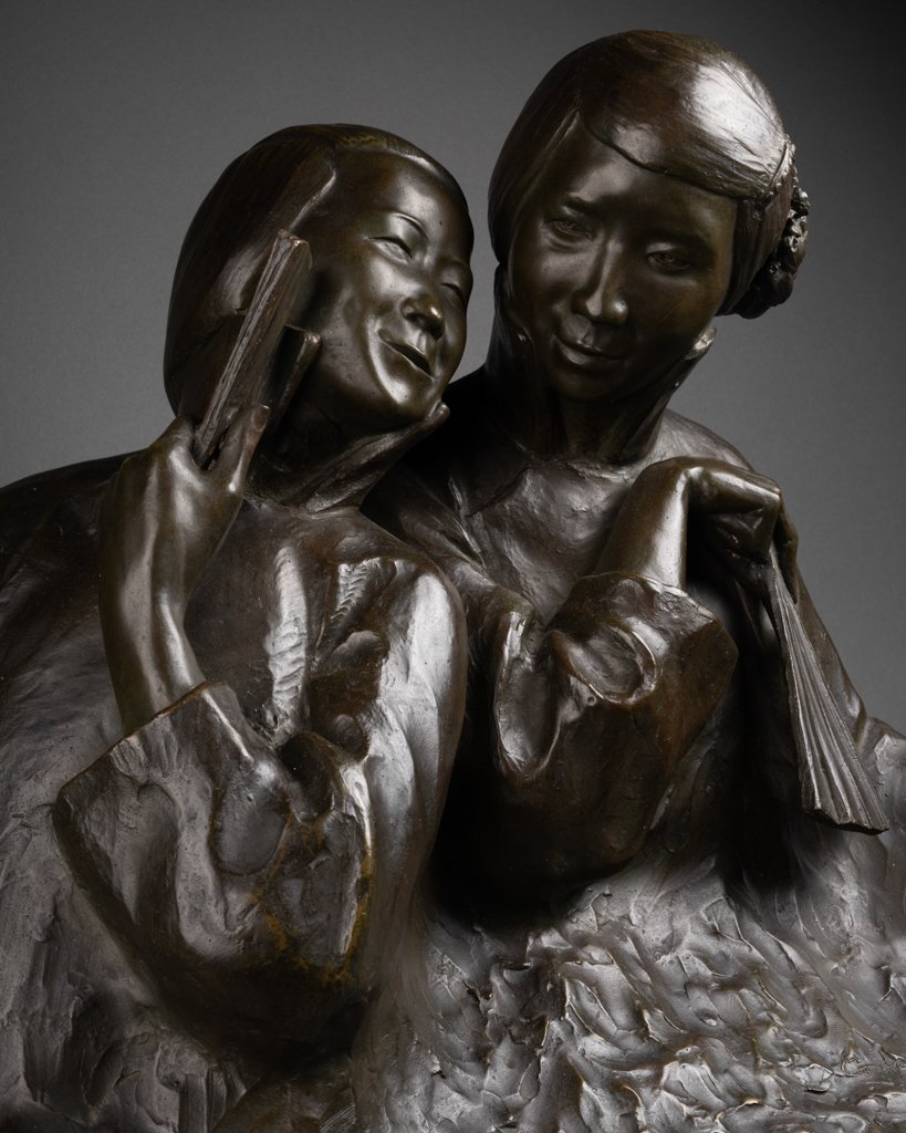 Gaston HAUCHECORNE - Deux femmes asiatiques à l'éventail - Rare bronze Art Déco-photo-1