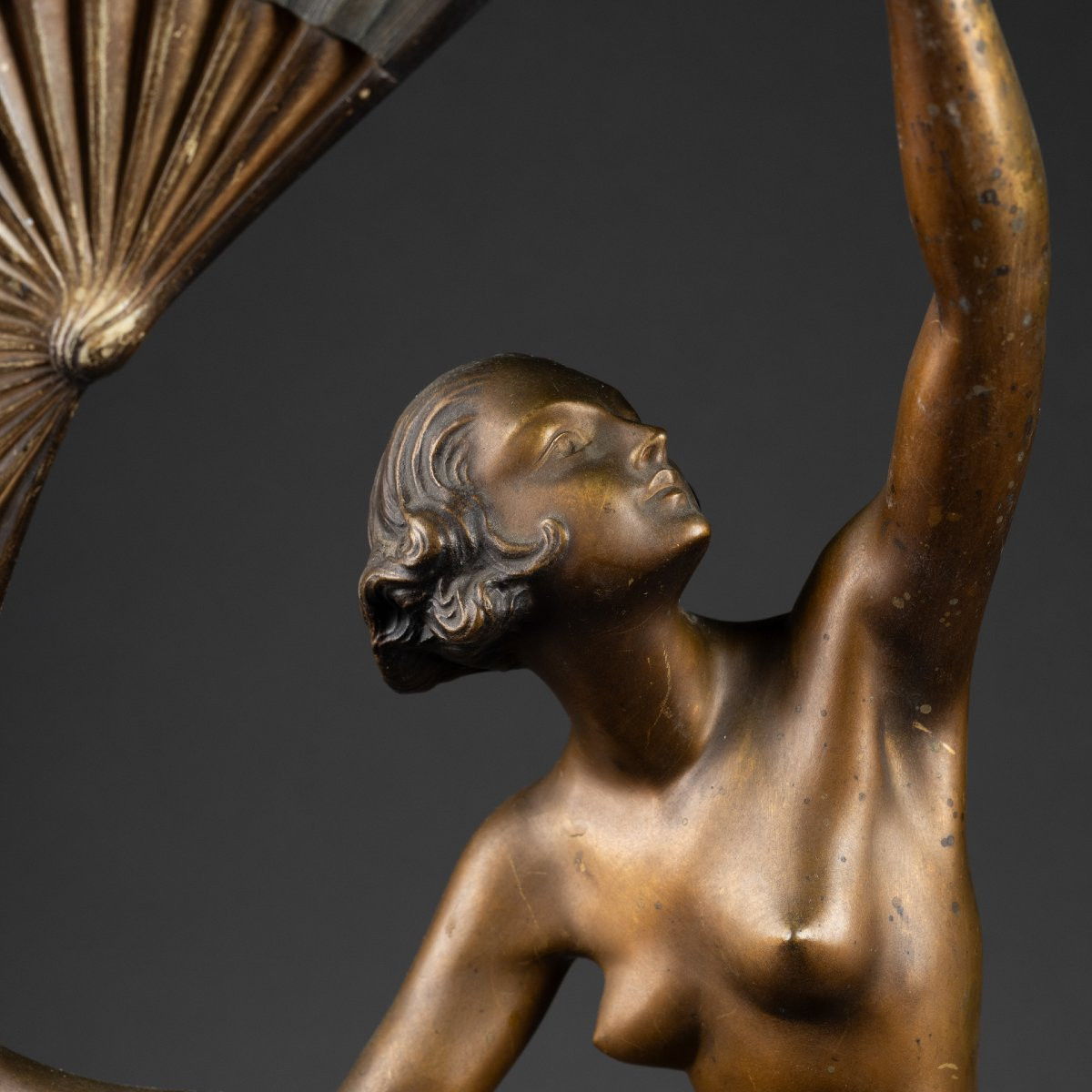 Marcel BOURAINE : "Danseuse à l'éventail", Bronze Art Déco référencé- vers 1930-photo-1