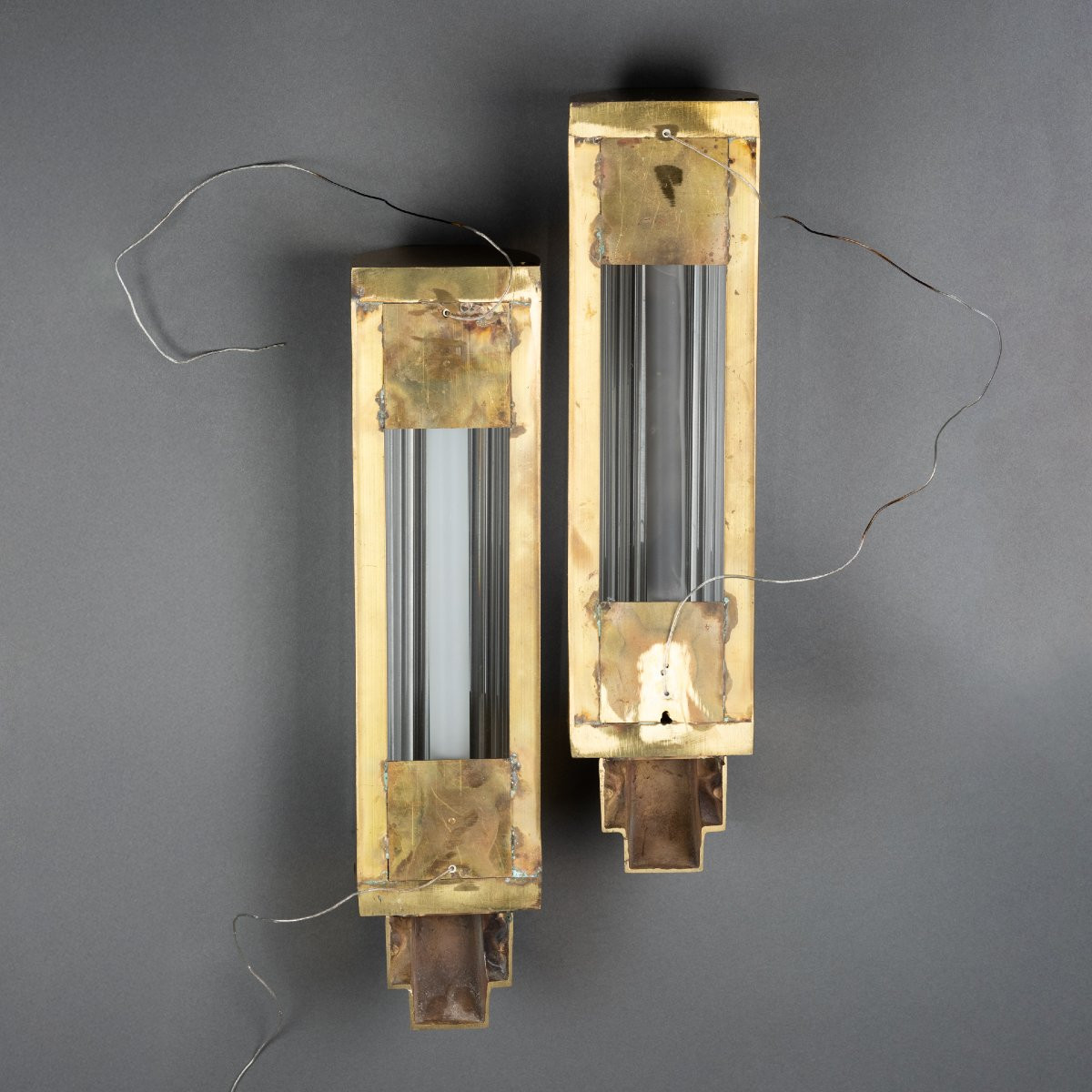 Pair Of Art Deco Style Wall Sconces With Gilded Metal Bases And Glass Tubes-photo-3