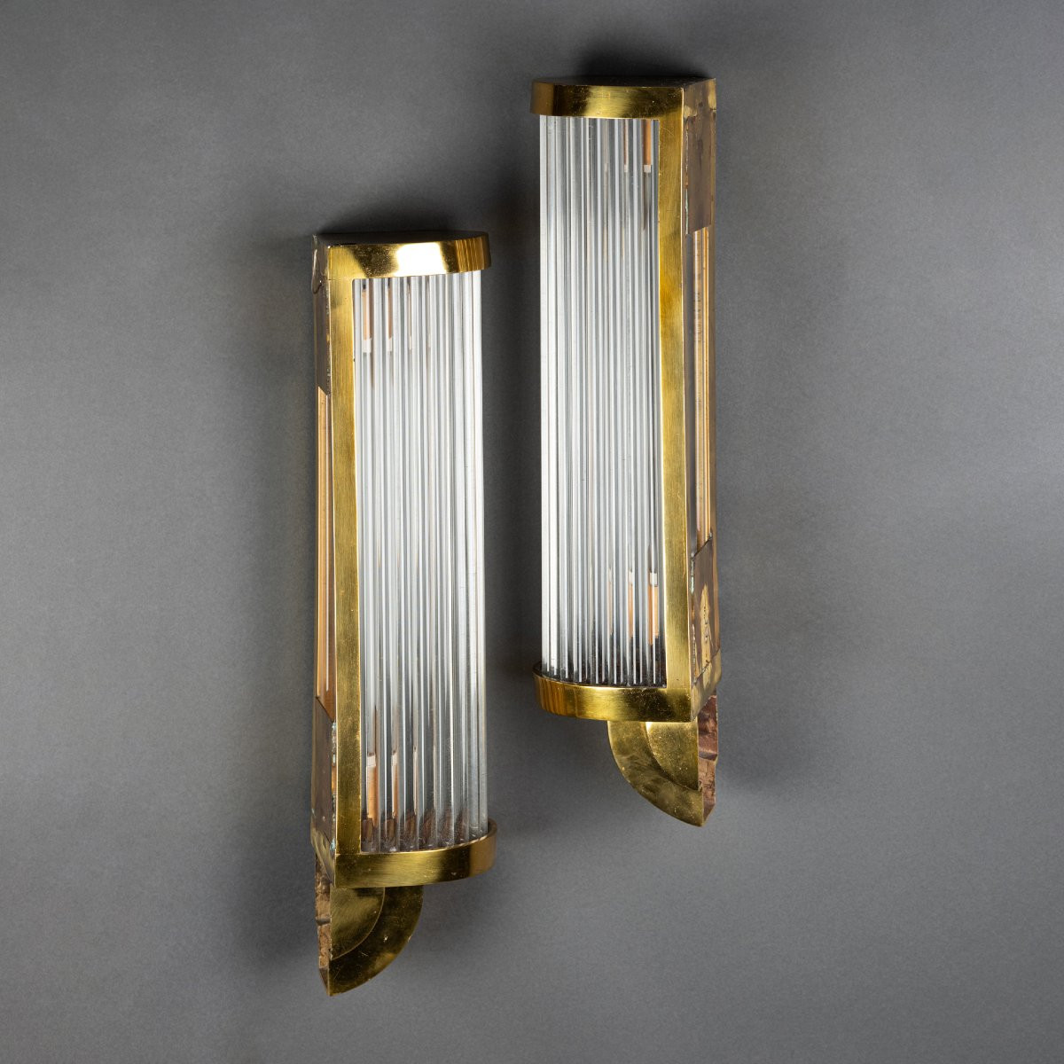Pair Of Art Deco Style Wall Sconces With Gilded Metal Bases And Glass Tubes-photo-4